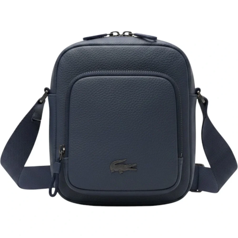 Lacoste Chantaco Navy Blue Pique Leather Vertical Camera Crossbody Bag NH3271CE